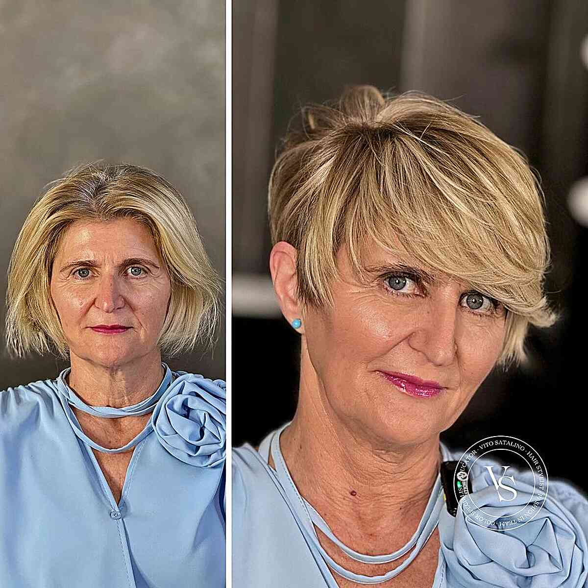 Thick pixie layers with side bangs for mature women over 60