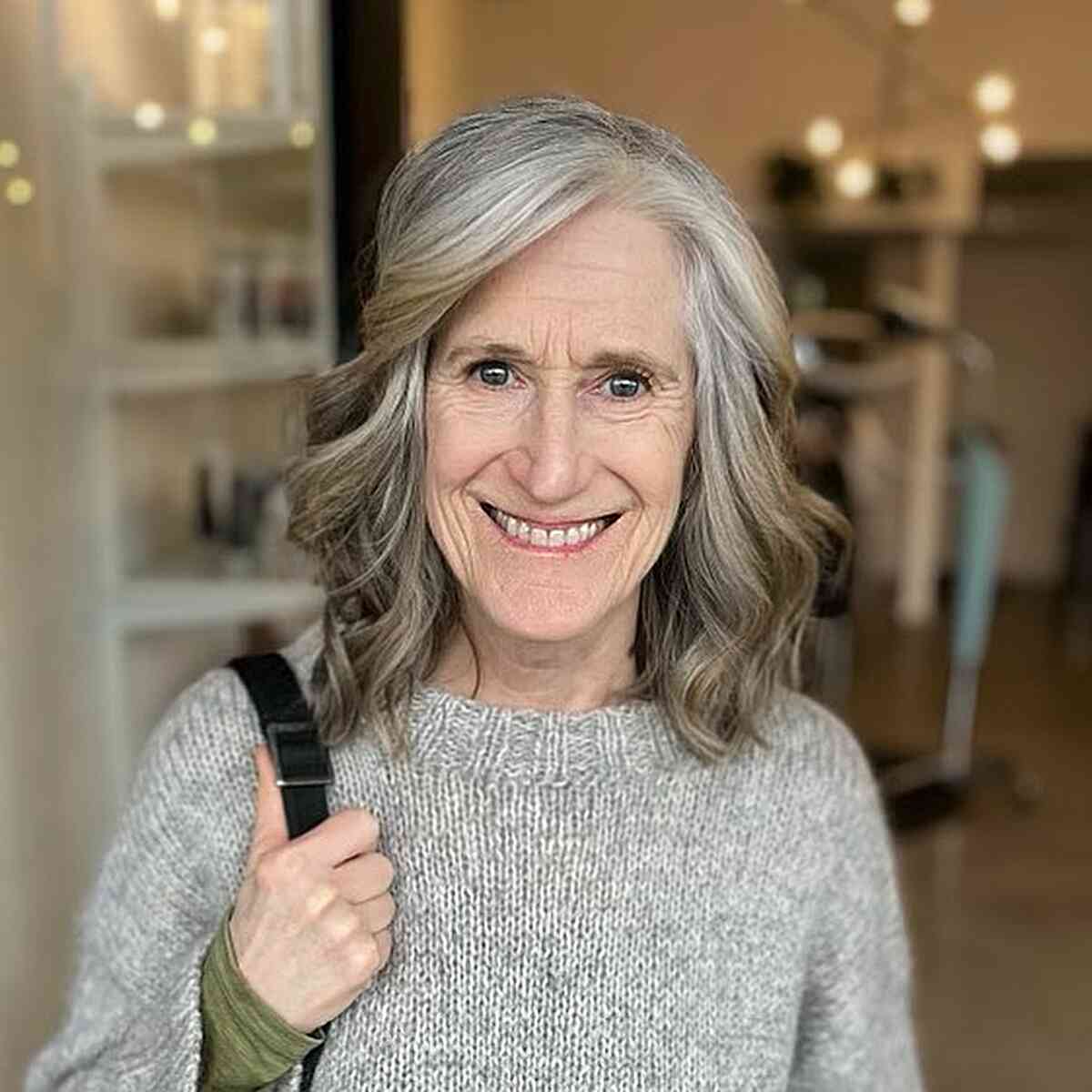 Thin medium layers on thick silver hair for women over 60