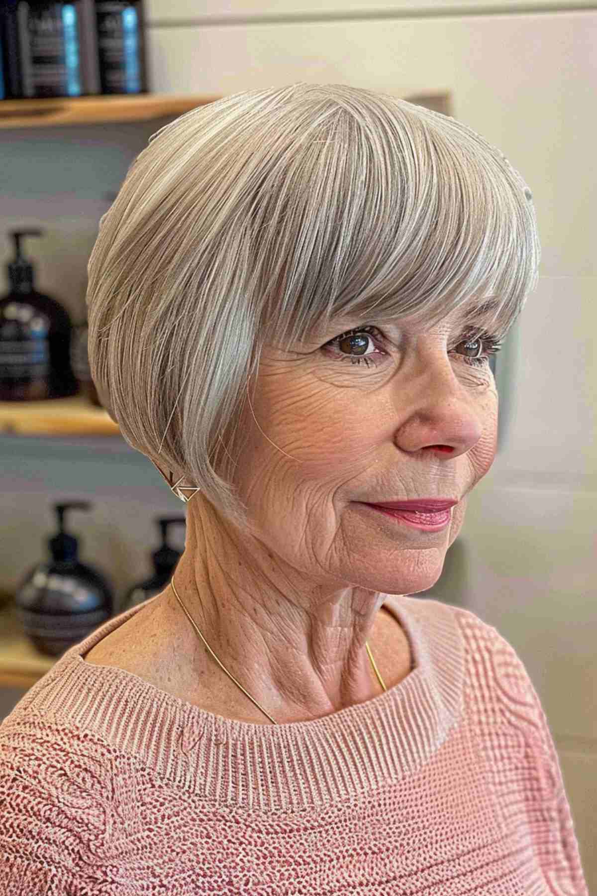 Mature woman with a short hairstyle featuring soft, wispy bangs, dressed in a light pink sweater.