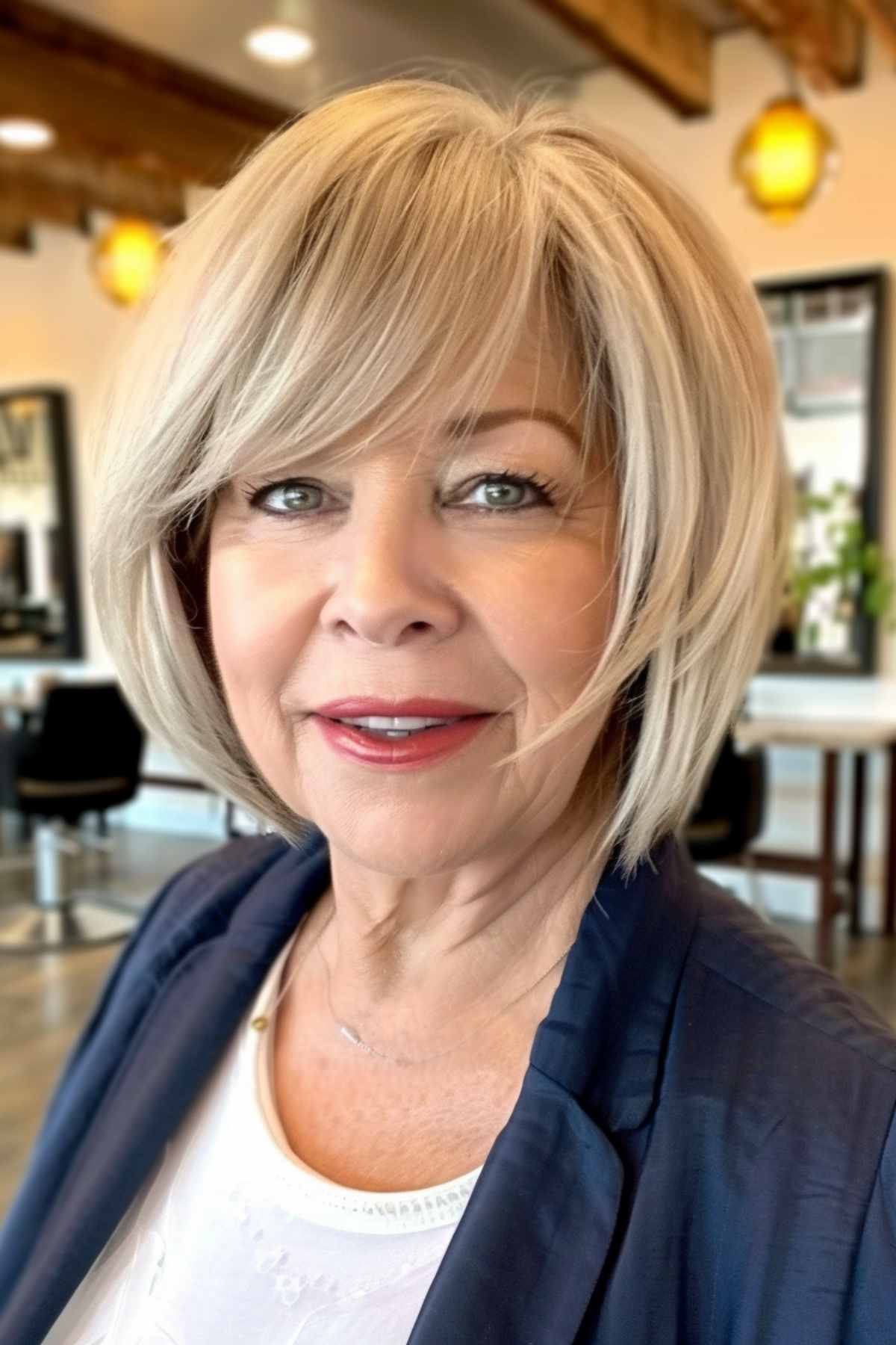 Mature woman with a sleek bob and side-swept bangs, dressed in a navy silk blouse.