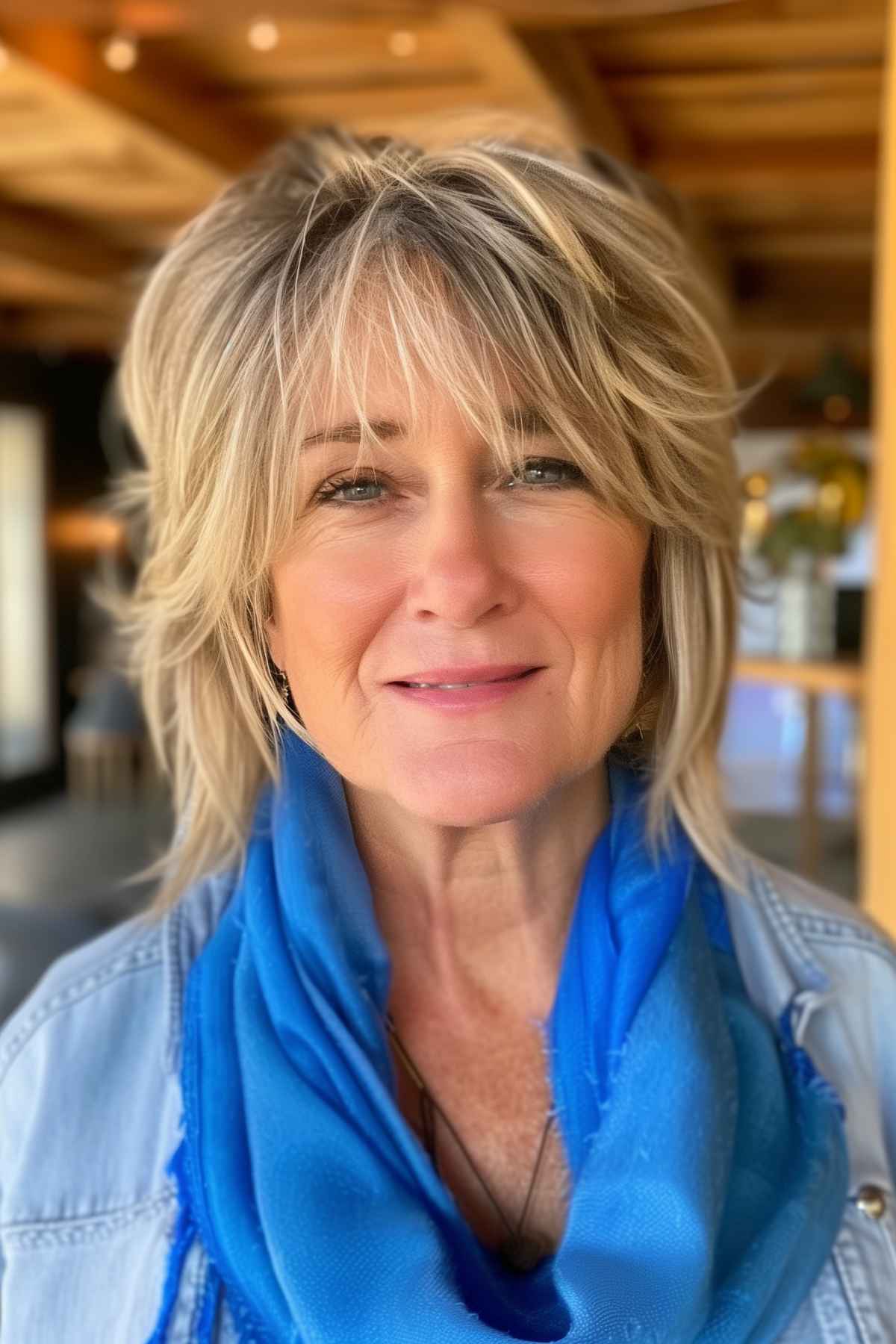 Mature woman with short, textured hair and wispy bangs, wearing a bright blue scarf and denim jacket.