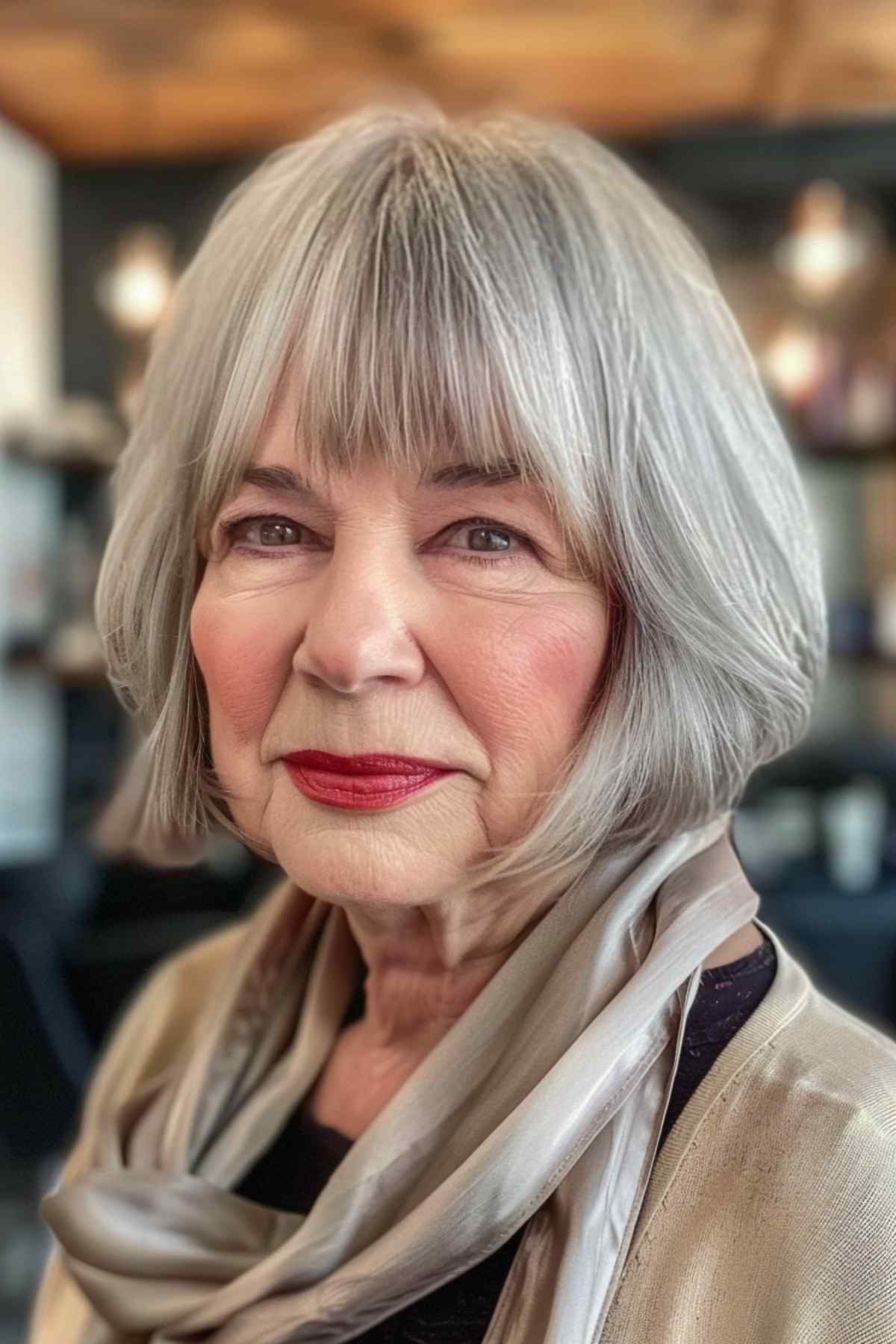 Mature woman showcasing a short, layered haircut with choppy bangs, dressed in a navy blue plaid blouse.