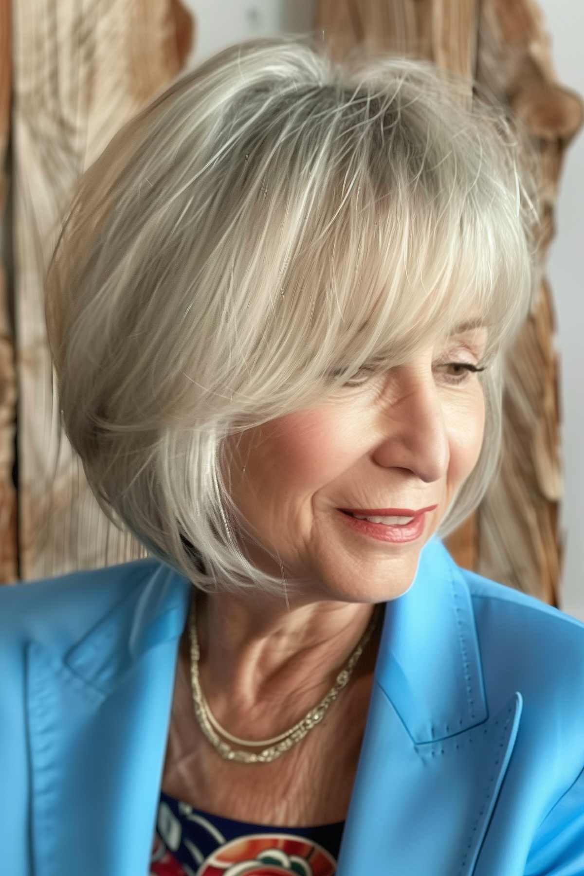 Smiling mature woman with a textured layered bob and bangs, dressed in a bright blue jacket.