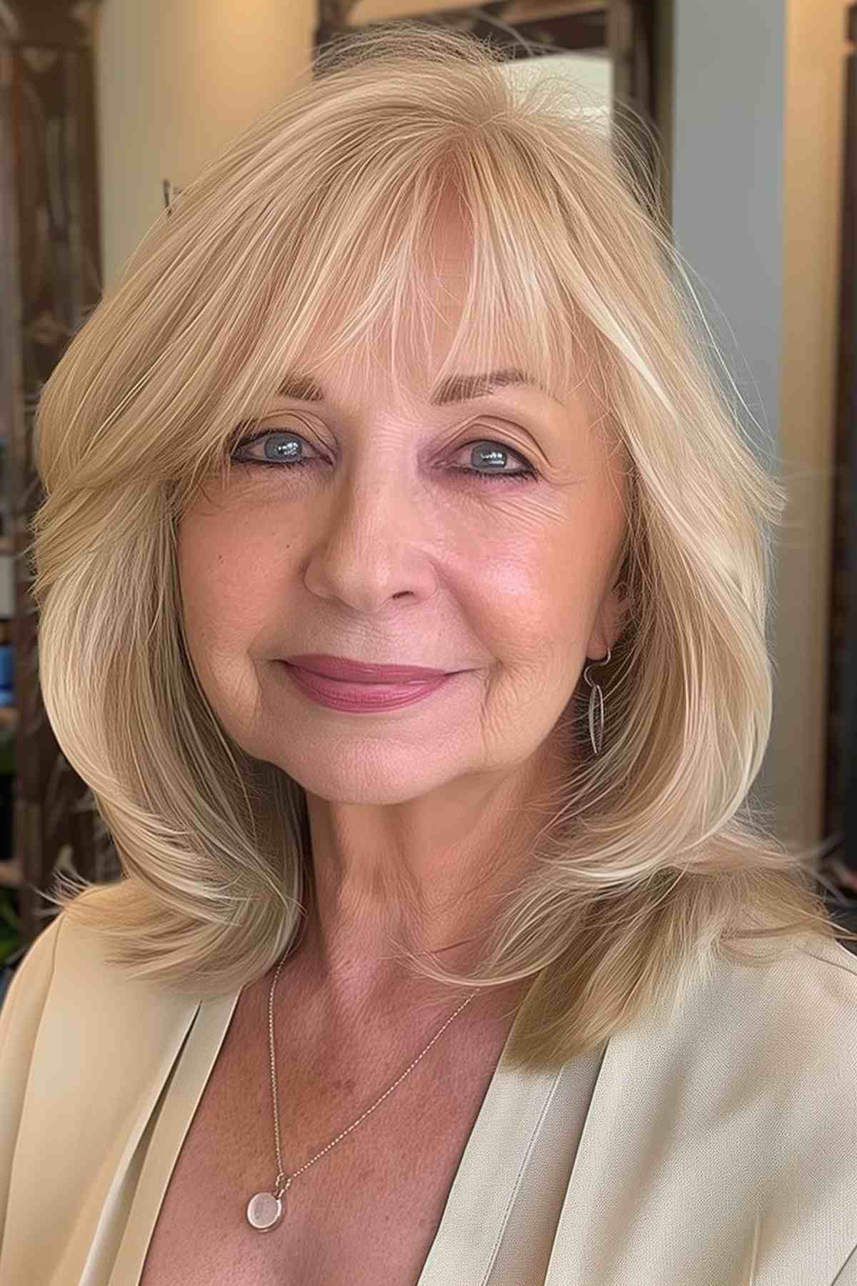 Mature woman with shoulder-length blonde hair and soft, feathered bangs, wearing a light blazer.
