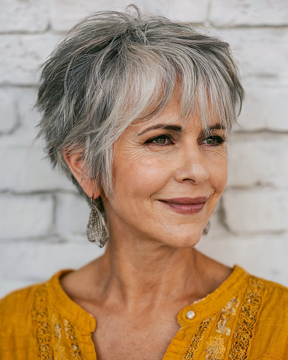 Choppy layered pixie with long peekaboo fringe for women over 60 with gray hair