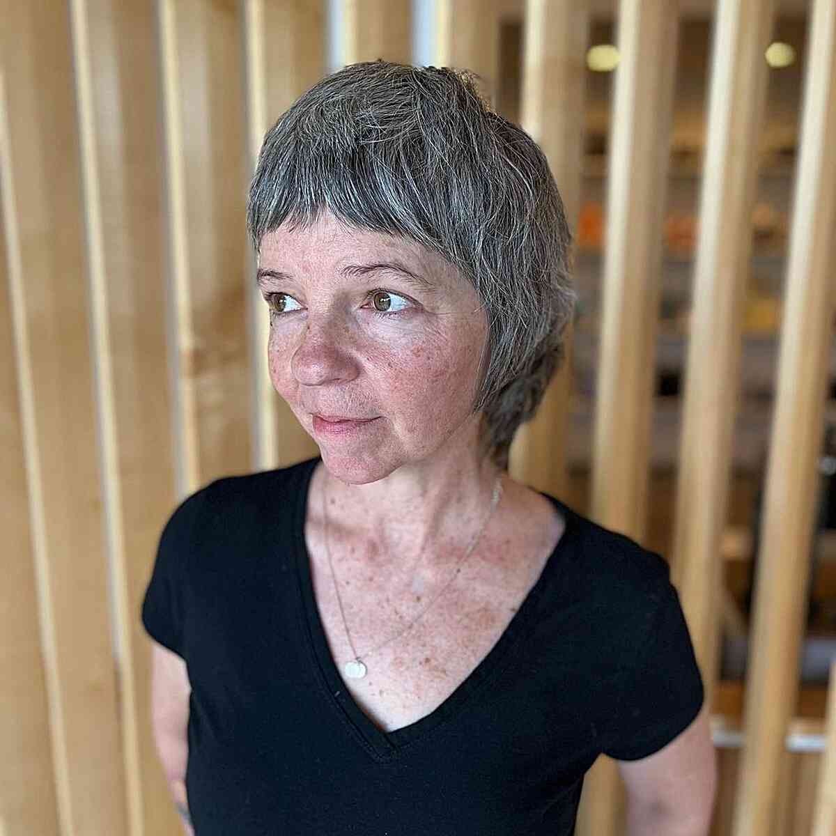 Short Gray Bixie Shag with Short Bangs for ladies over 60