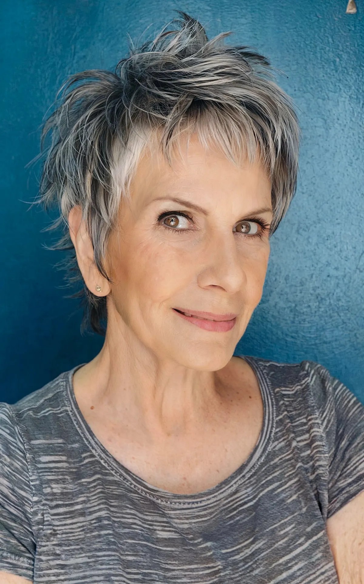 Salt and Pepper Choppy Pixie Shag for Older Ladies Over 70
