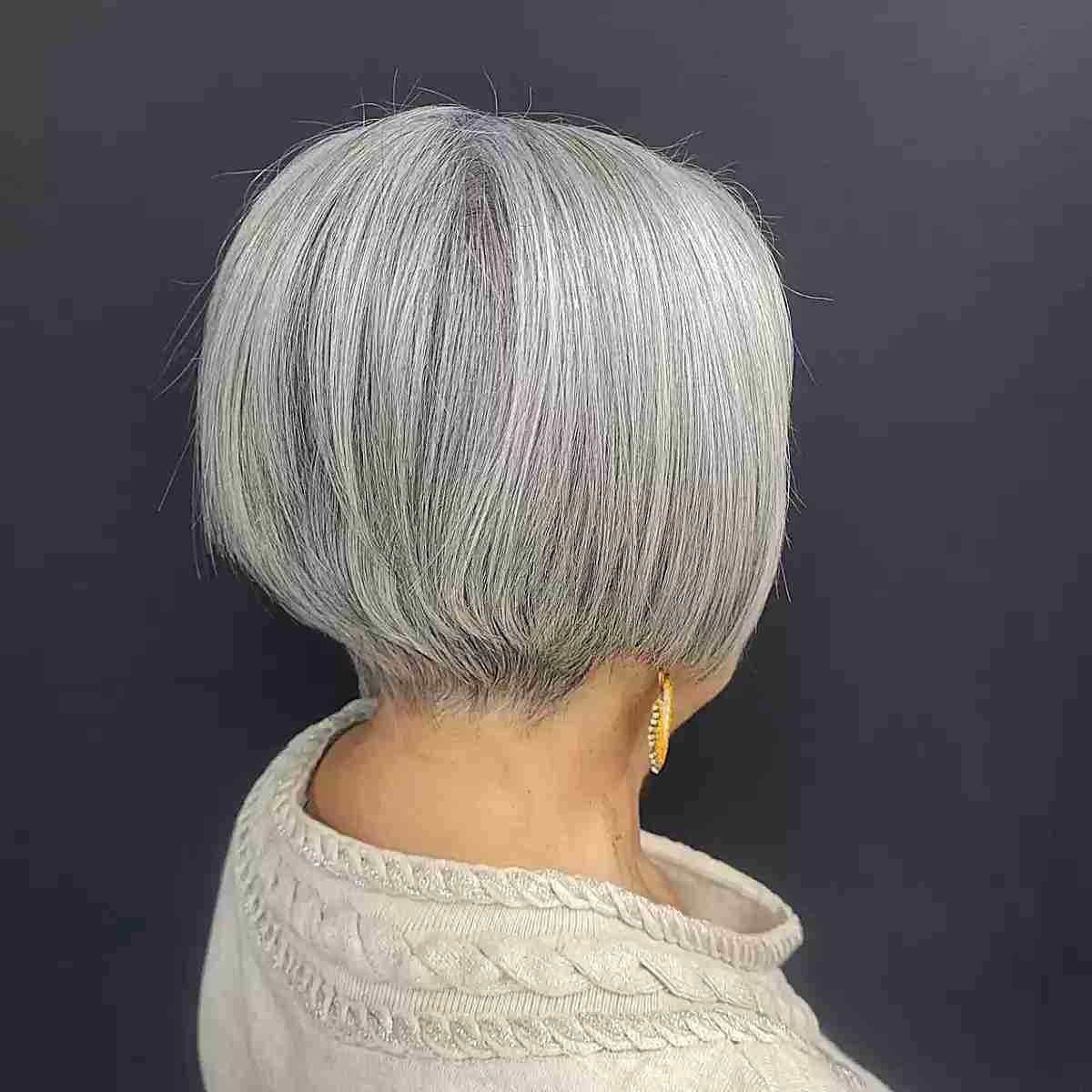 Low maintenance gray hair bob for seniors over 60 years old