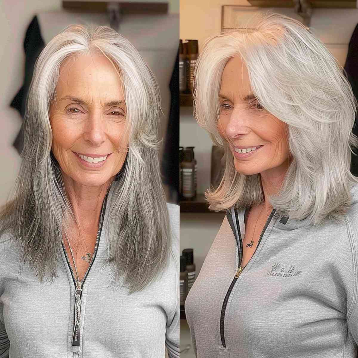 Medium bob with feathered layers on white hair