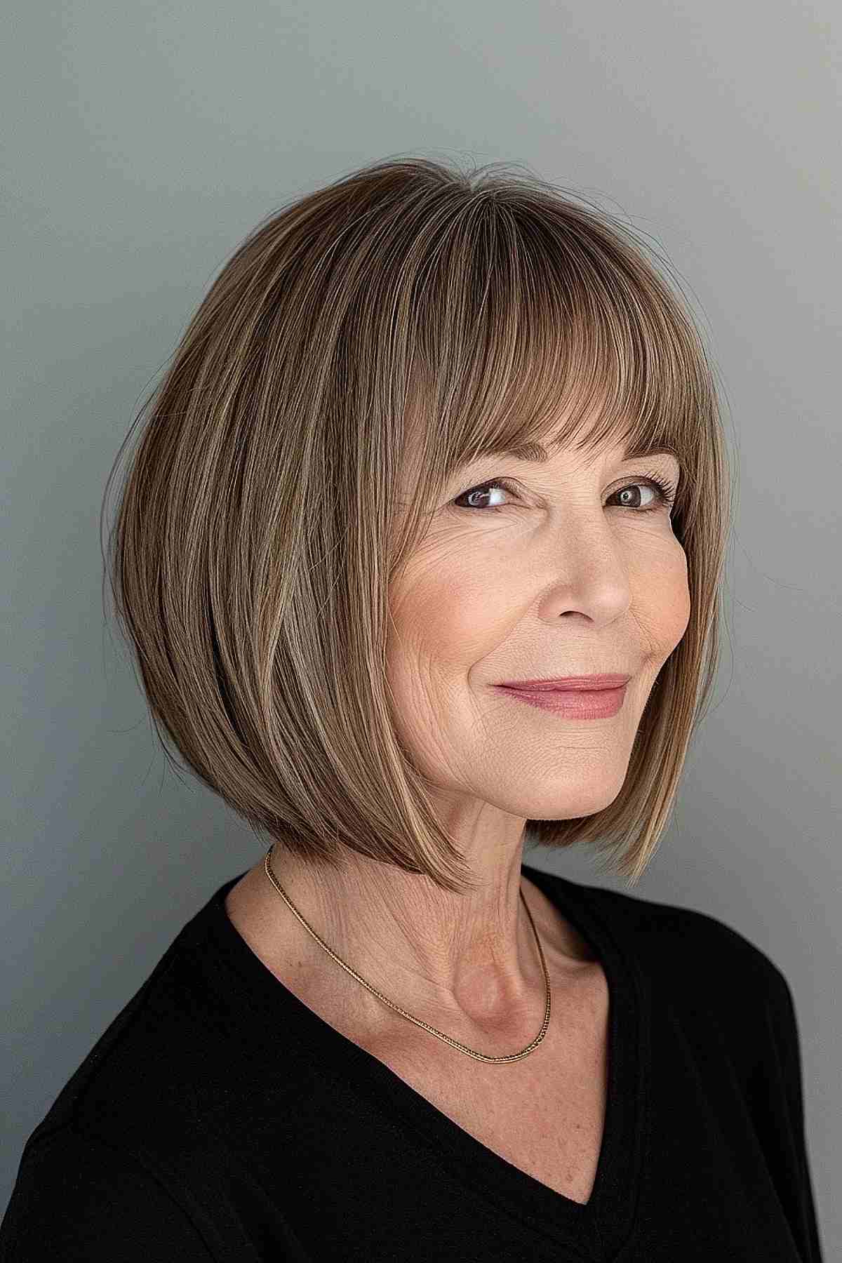 Slightly angled bob with bangs for women over 60