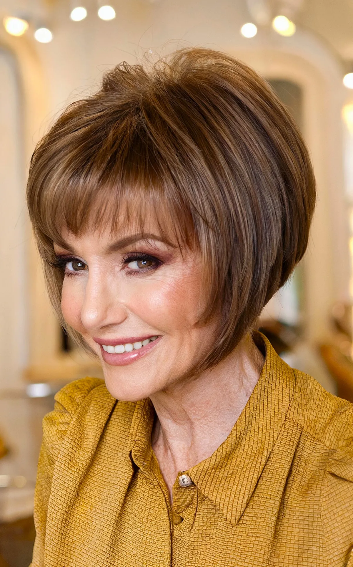 Short angled haircut for a woman in her 60s