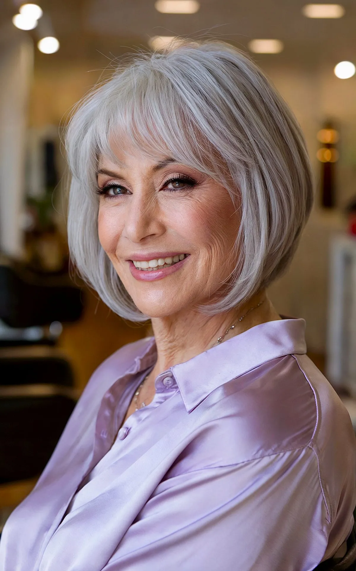 Angled bob with feathery bangs for women over 60