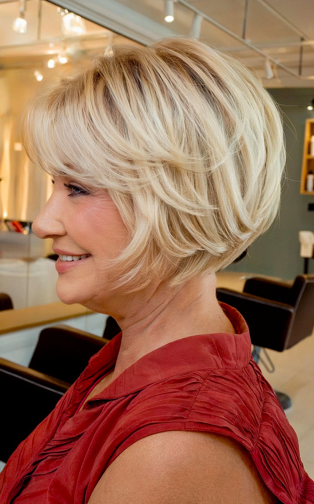 Elegant angled bob cut for thick hair for older women after the age of sixty