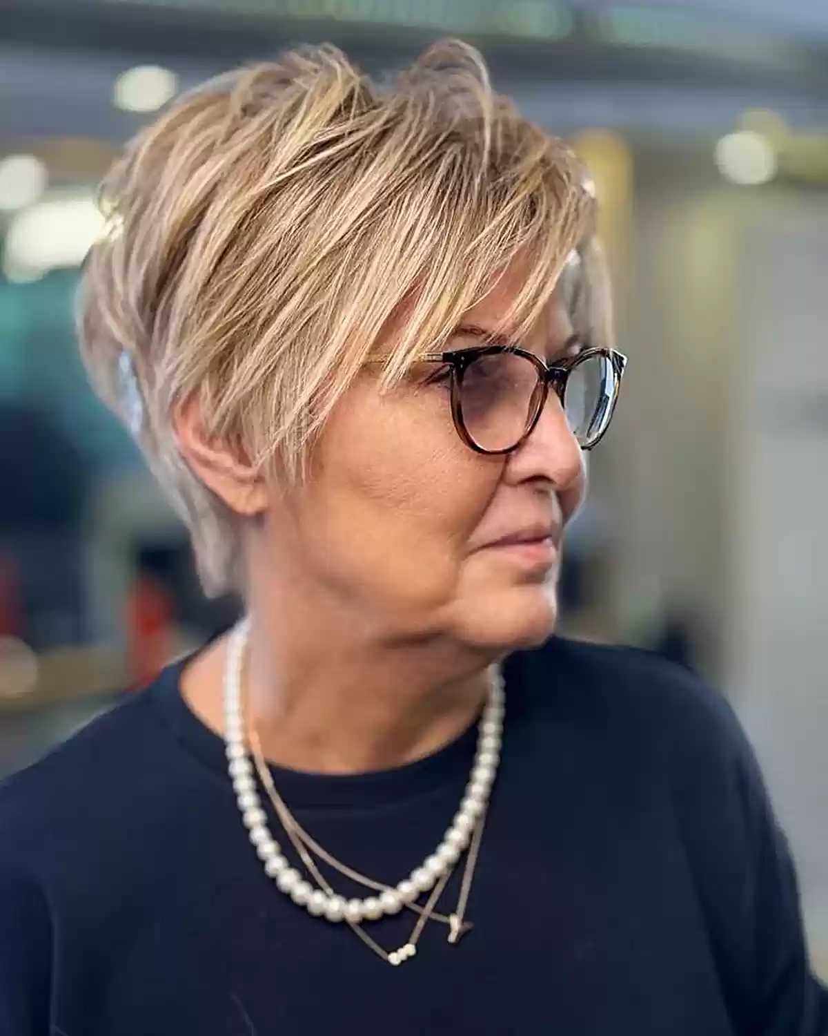 Thick straight pixie with choppy layers for women over 60 and up