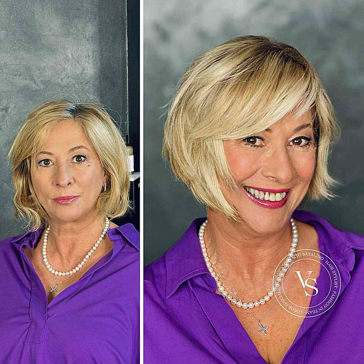 Short, Thick, Layered Blonde Hair with Swoopy Bangs for Women Over 60