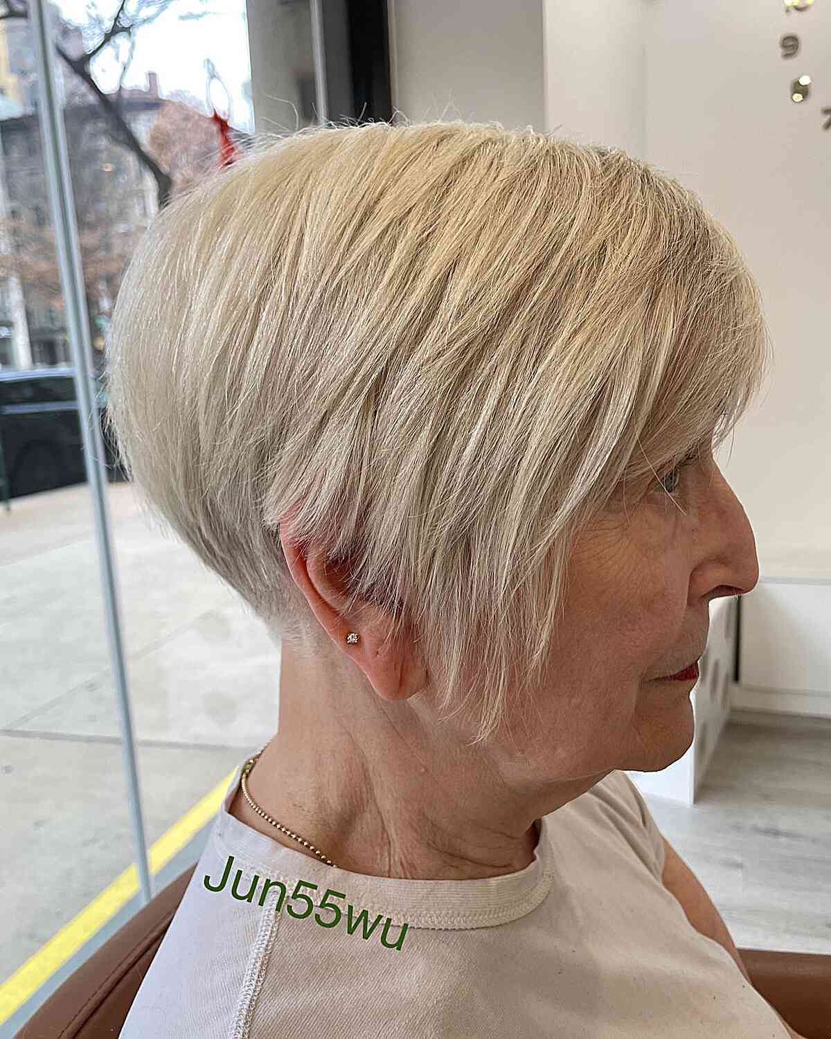 Short, thick and stacked pixie hair with fringe for older ladies over 60