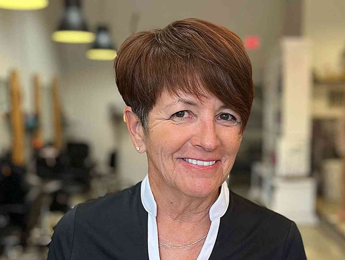 Side layered pixie for older women over 60 with thick, thick hair