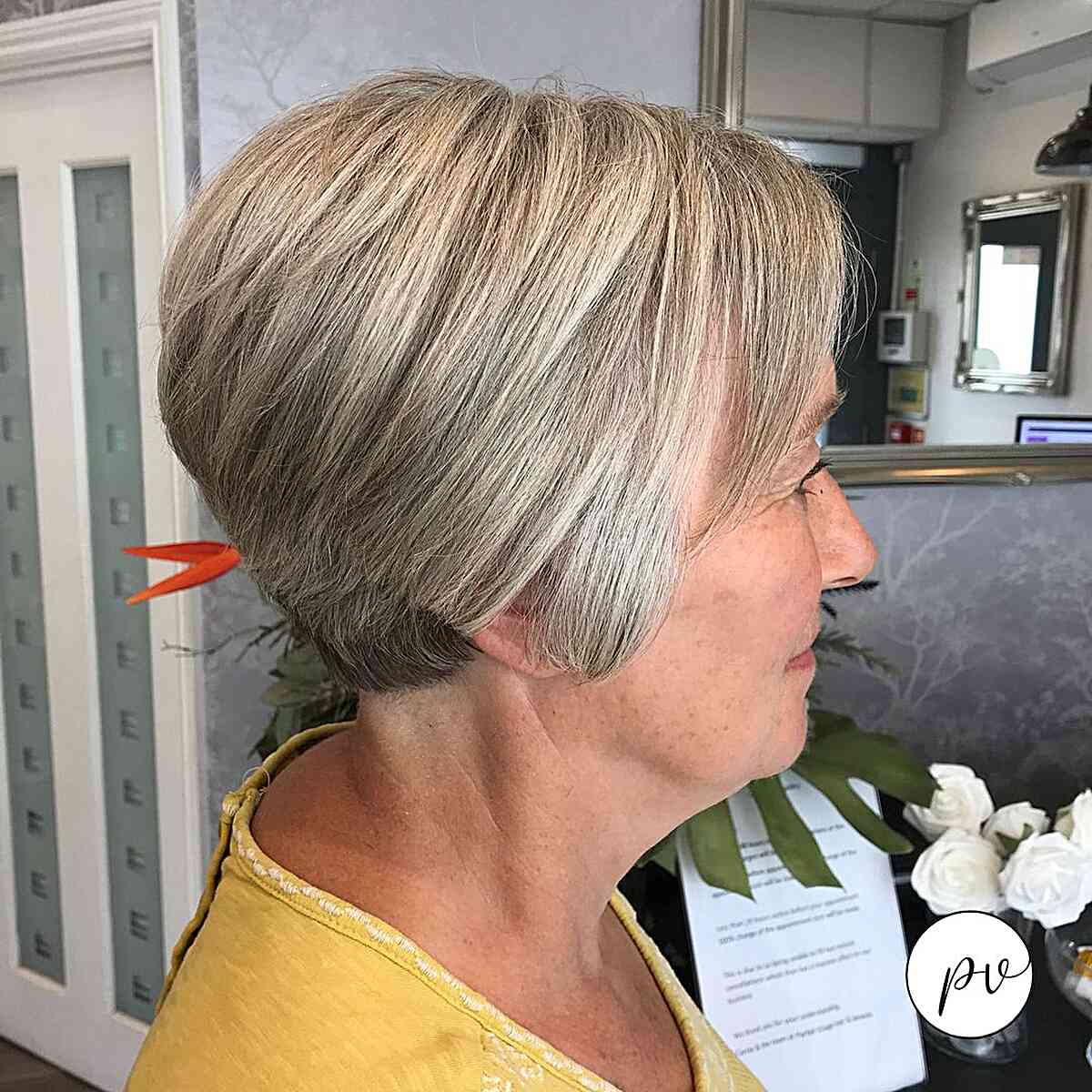 A very short, layered bob for women over 60s with thicker hair