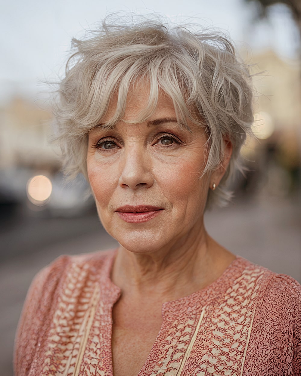 Wavy long pixie with tousled layers and natural silver blonde color for women over 60