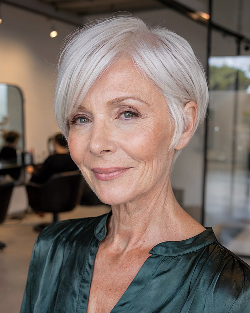 Smooth icy white long pixie with clean tapered nape and sleek side part for mature women