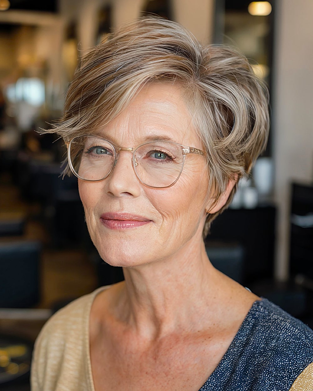 Long pixie with soft highlights and crown lift for women over 60 with glasses