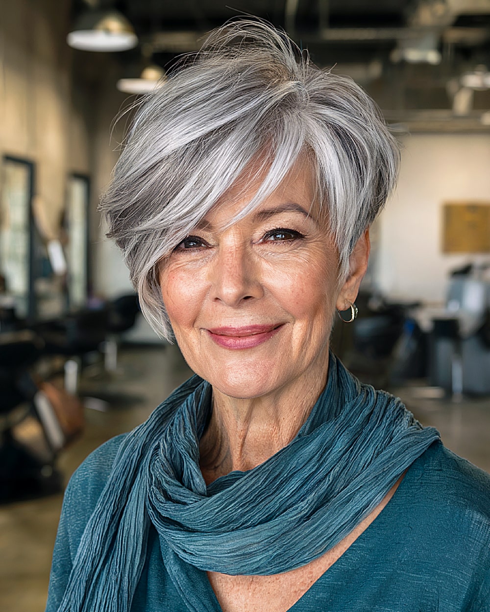 Asymmetrical long pixie with voluminous crown and deep side-swept fringe for mature women