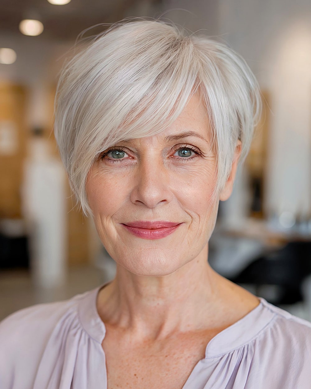 Softly layered long pixie in silver blonde for women 60 and older with side-swept bangs