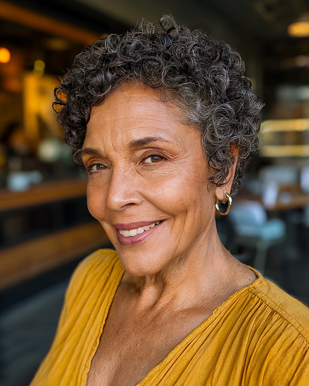 Curly long pixie cut for natural gray hair and tight texture in older women