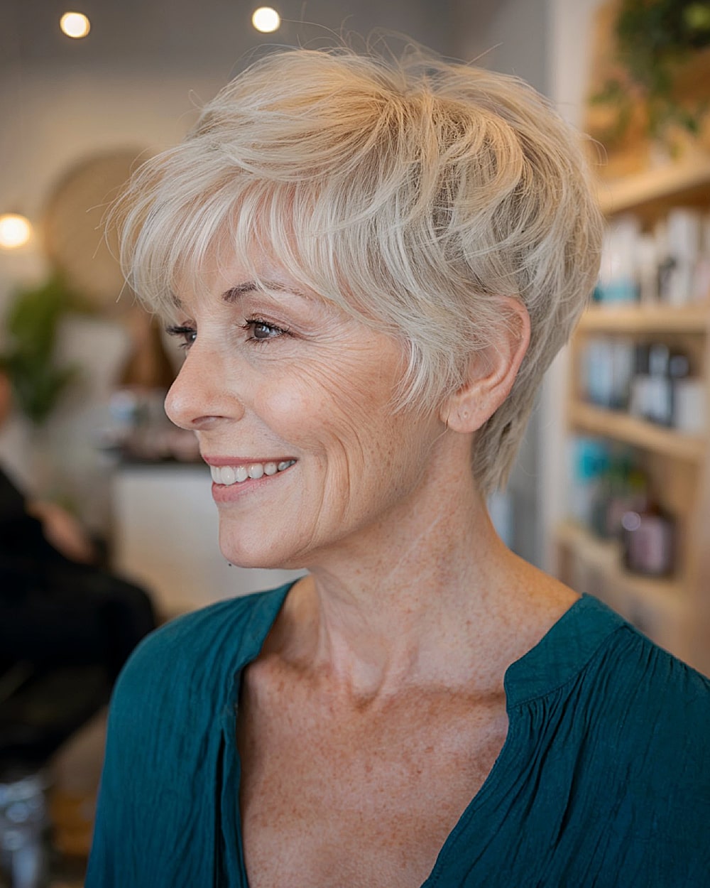 Feathered long pixie cut with soft blonde layers and side fringe for women over 60