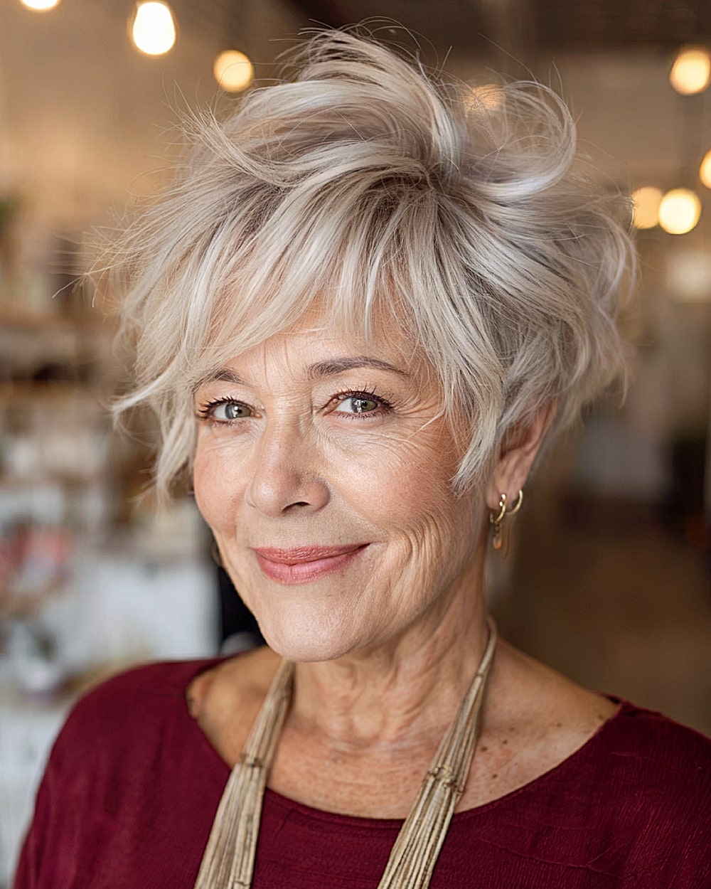 Voluminous long pixie with tousled crown height and layered bangs for women over 60