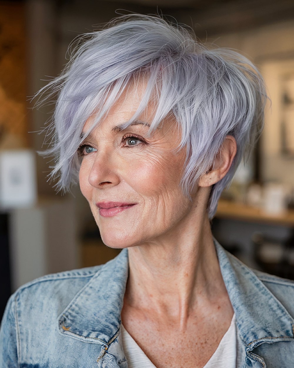 Disconnected long pixie with piecey layers and icy lavender tone for women over 60