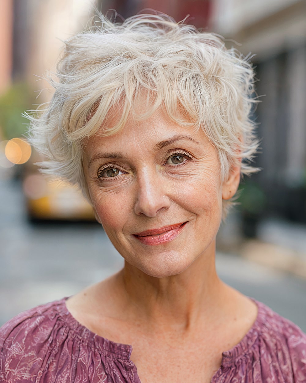 Messy long pixie with tousled layers and natural white-blonde color for older women