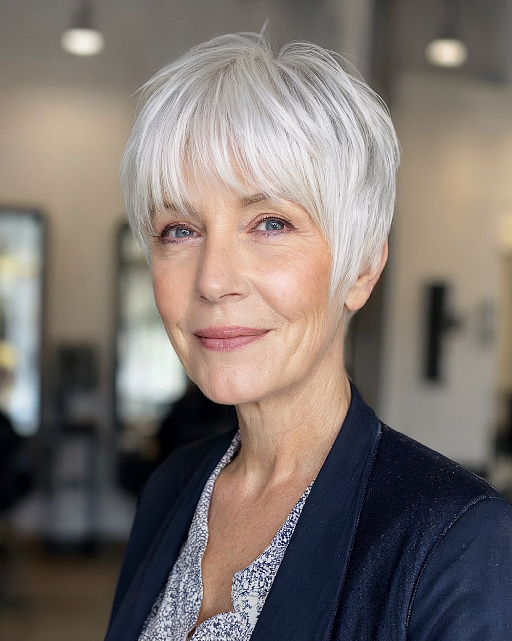 Brushed forward pixie cut with short nape and thick bangs for older women with fine hair