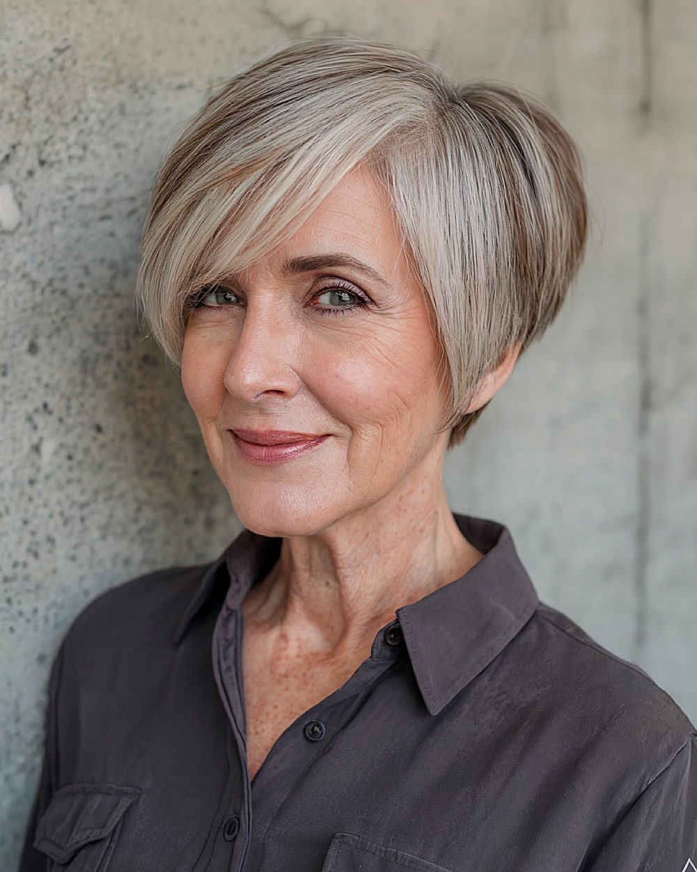 Side-swept long pixie with dimensional layers and warm beige tones for women 60 and older