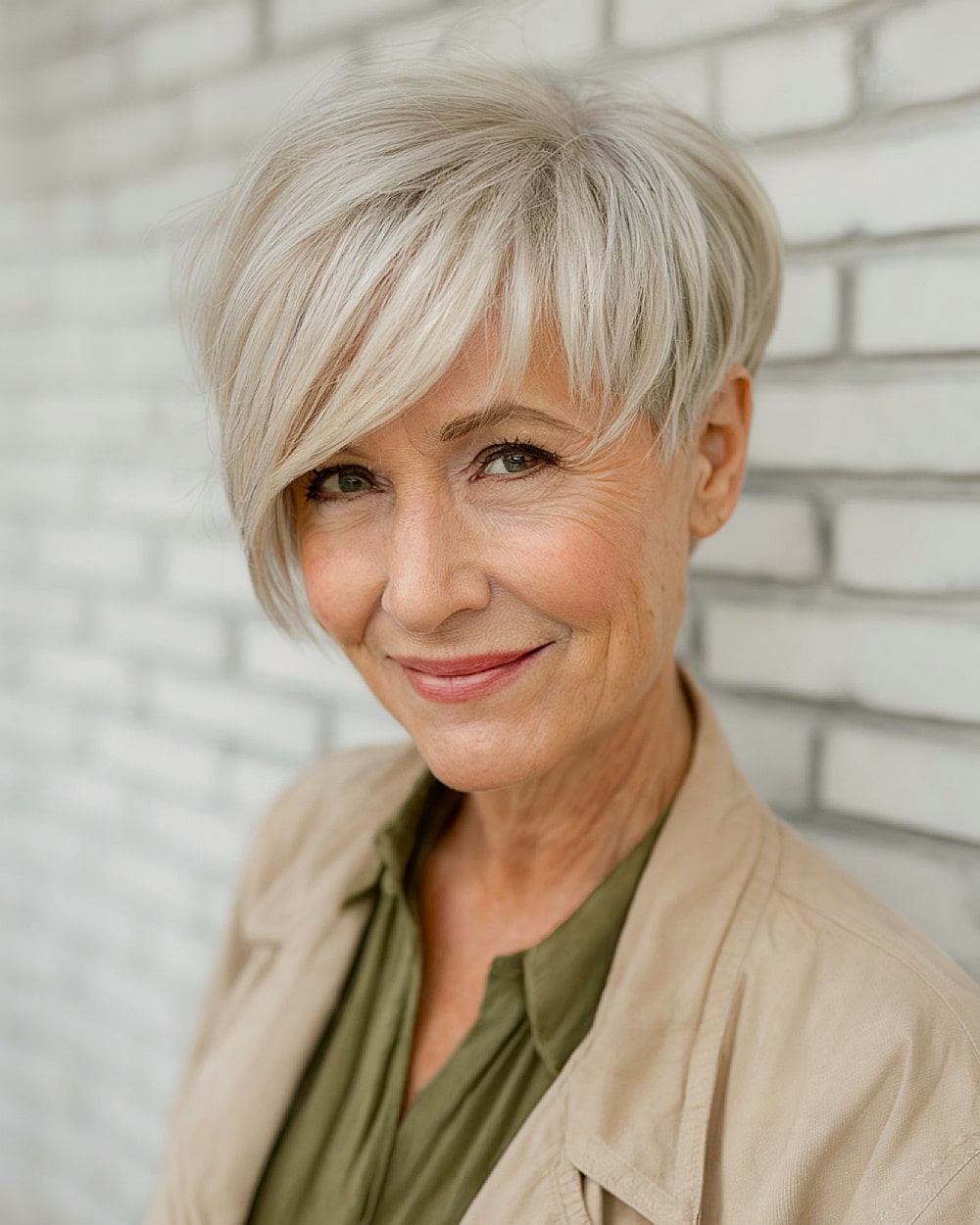 Long pixie haircut with heavy swooped bangs and platinum blonde tones for senior women