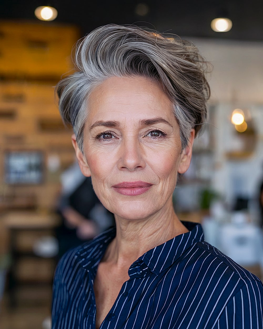 Layered long pixie haircut with lifted crown and natural gray tones for older women