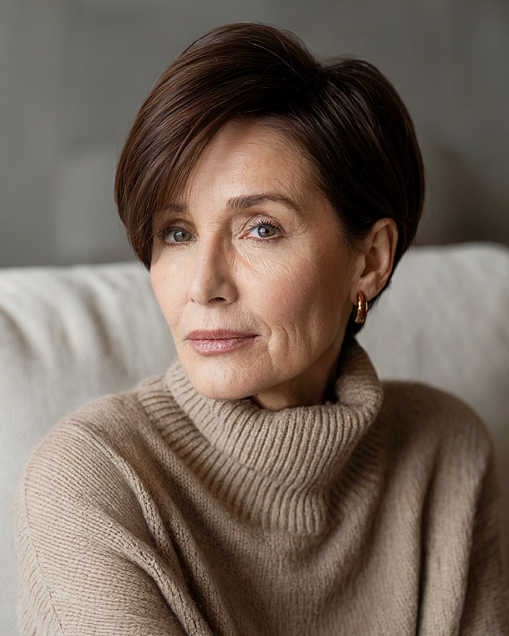 Glossin bob haircut with warm brunette tone and side part for women 60 and older