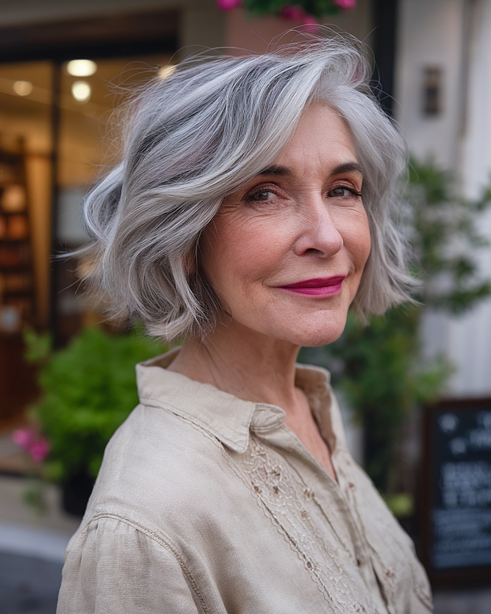 Chin-length woven bob with soft gray balayage for women over 60