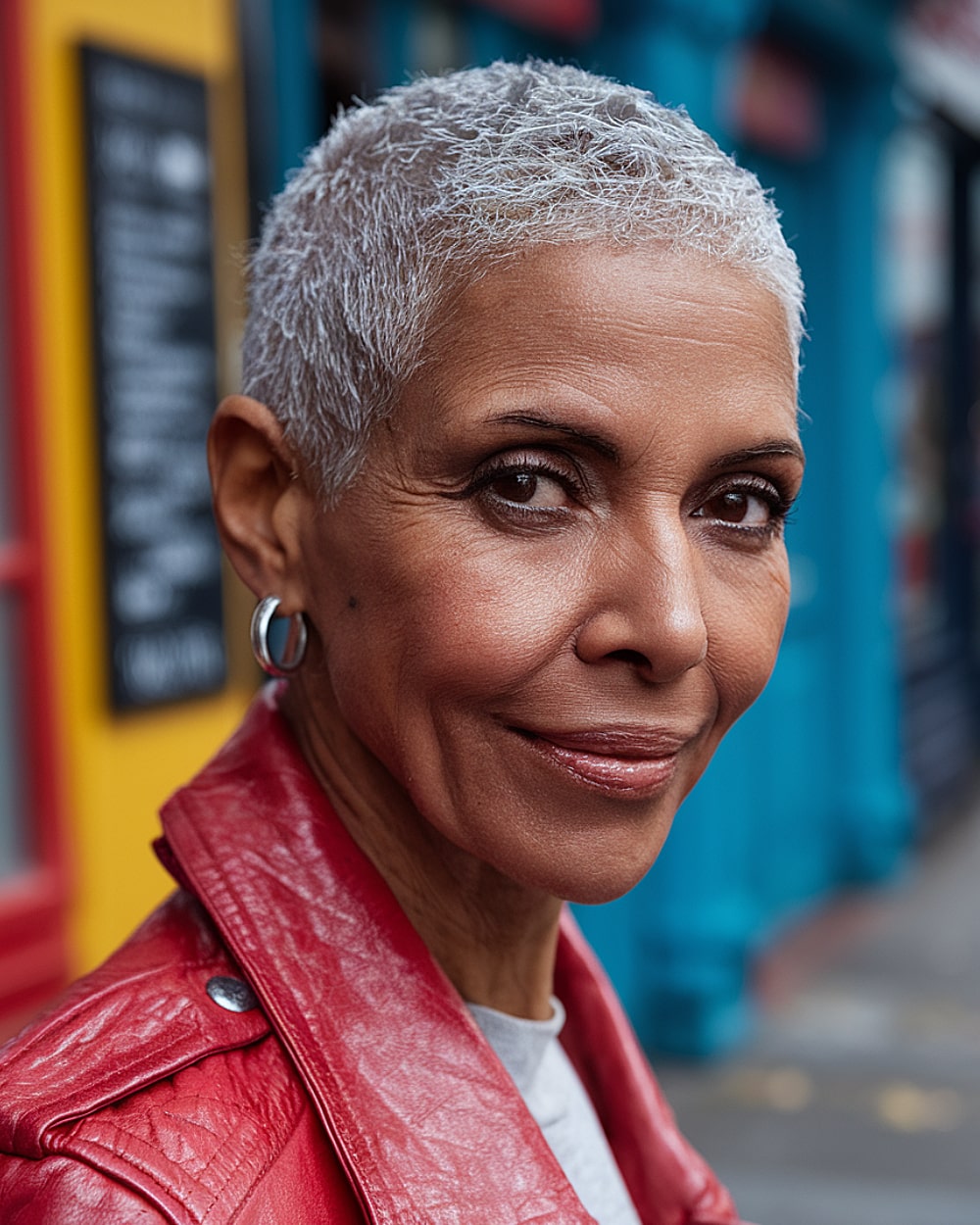 Very short white and gray haircut for women over 60 with a bold style