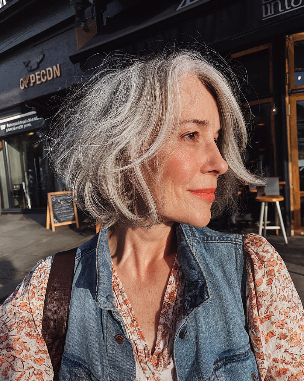 Soft layered bob with silvery gray accents for mature women