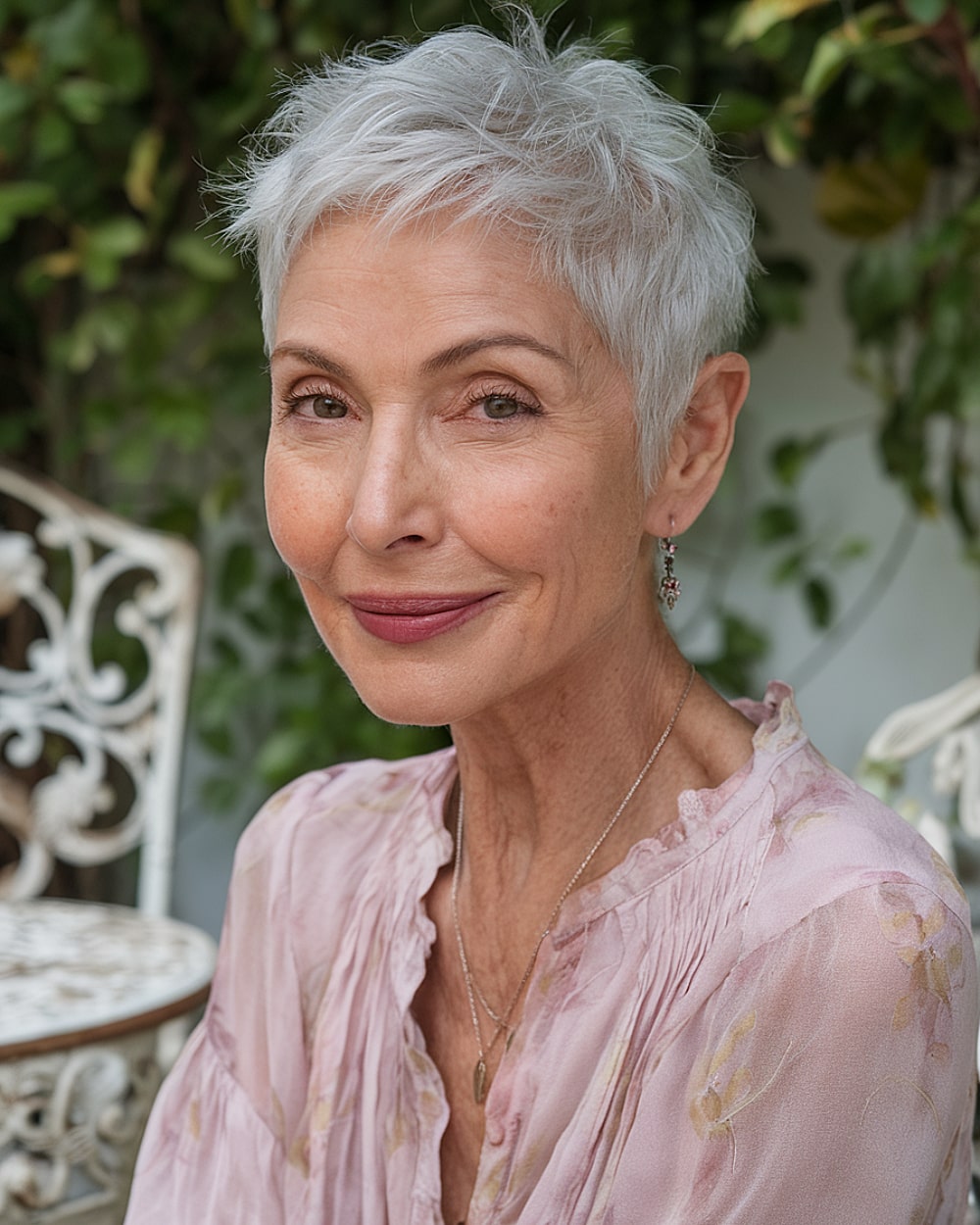 Soft white and gray pixie haircut with soft layers for mature women over 60