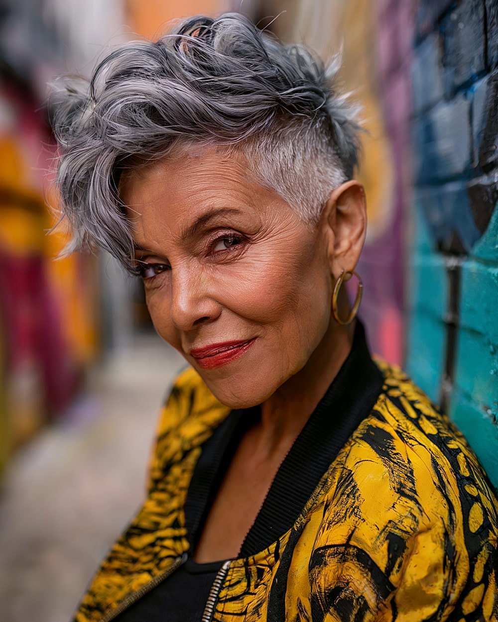Shaved sides with a voluminous curly top in a funky silver-gray pixie look for the over 60s
