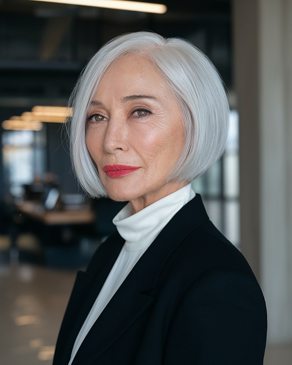 Soft, silver-gray short haircut with a side part for stylish women over 60 years old