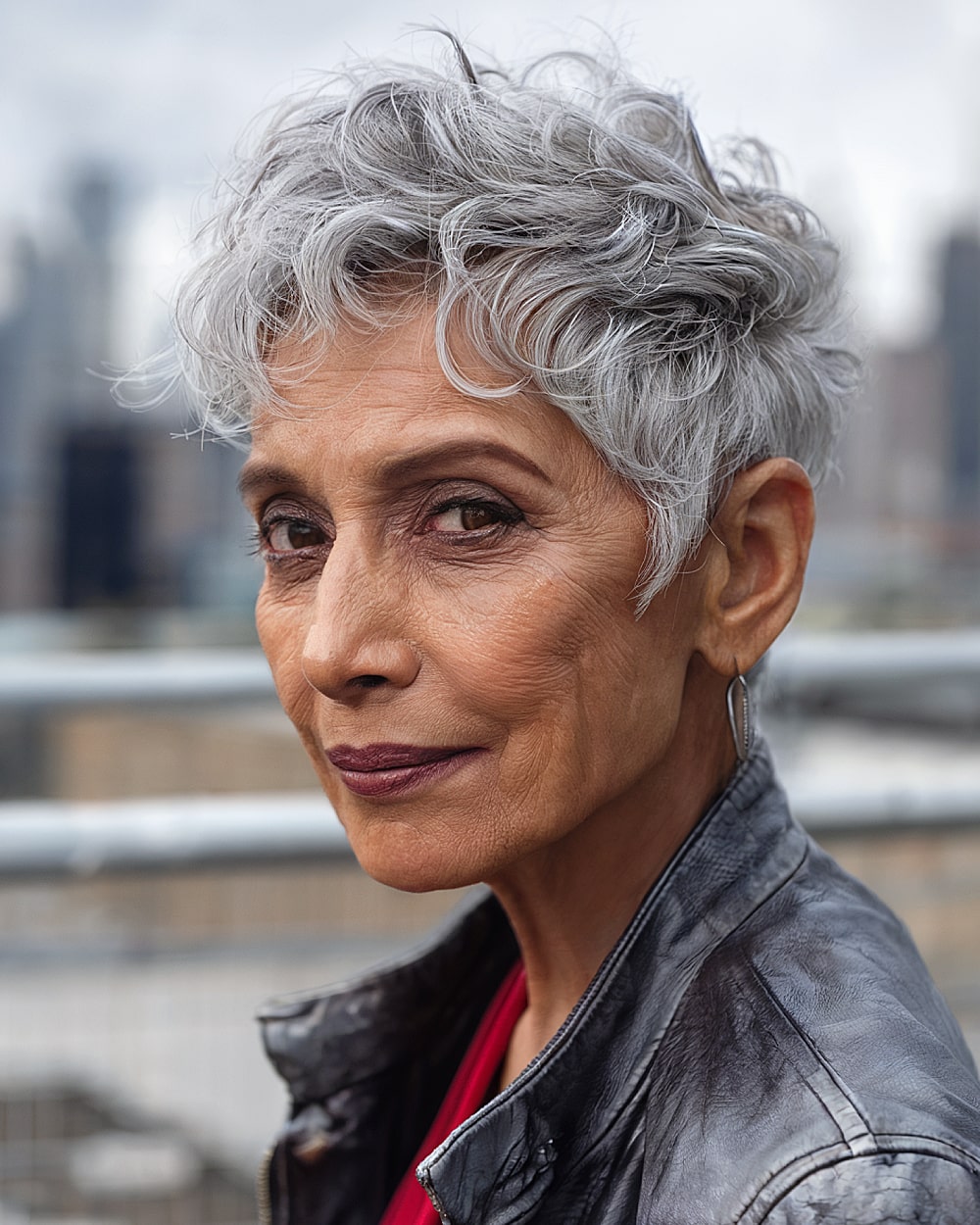 Curly gray pixie cut with tapered sides for an edgy 60+ style