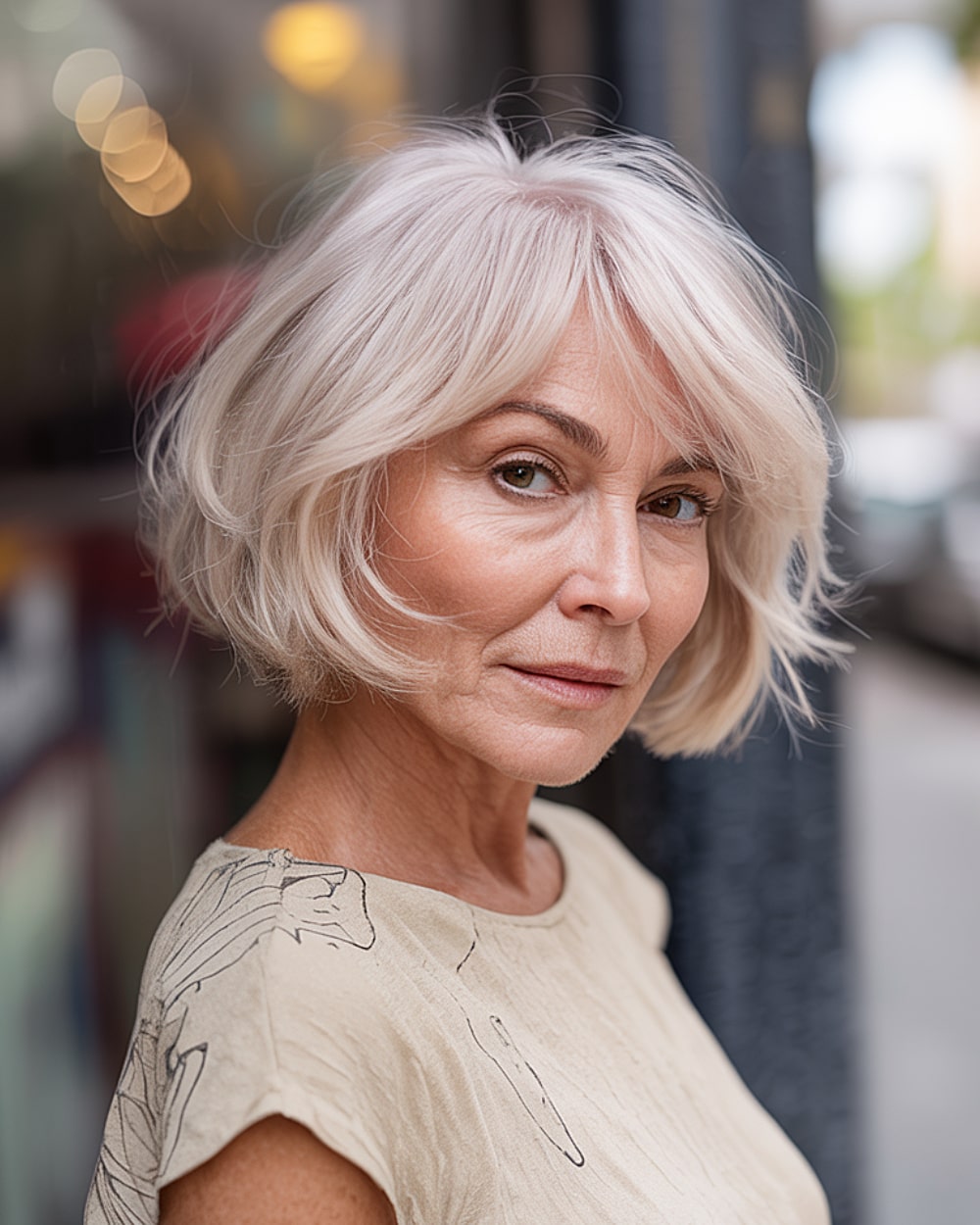 Chin-length feathered bob for fine hair over 60 with soft layers and curtain fringe