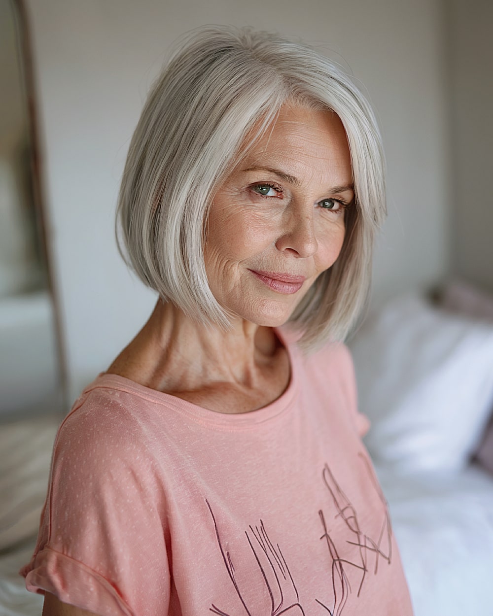 Classic straight bob for women over 60 with chin-length layers and subtle highlights