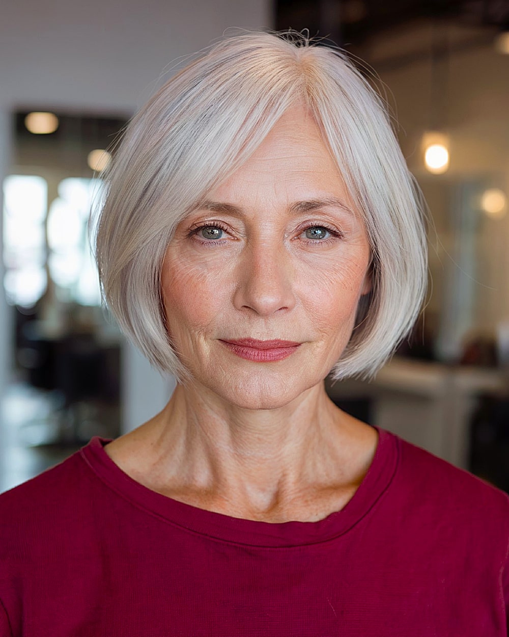 Stylish silver bob for women over 60 with a center part and thin layers.