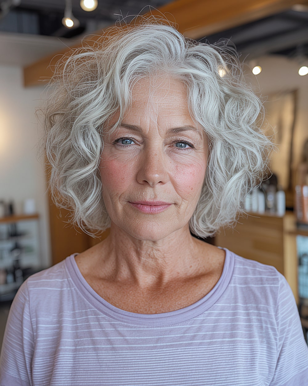 Short, shaggy gray waves for over 60s with natural volume and a layered finish