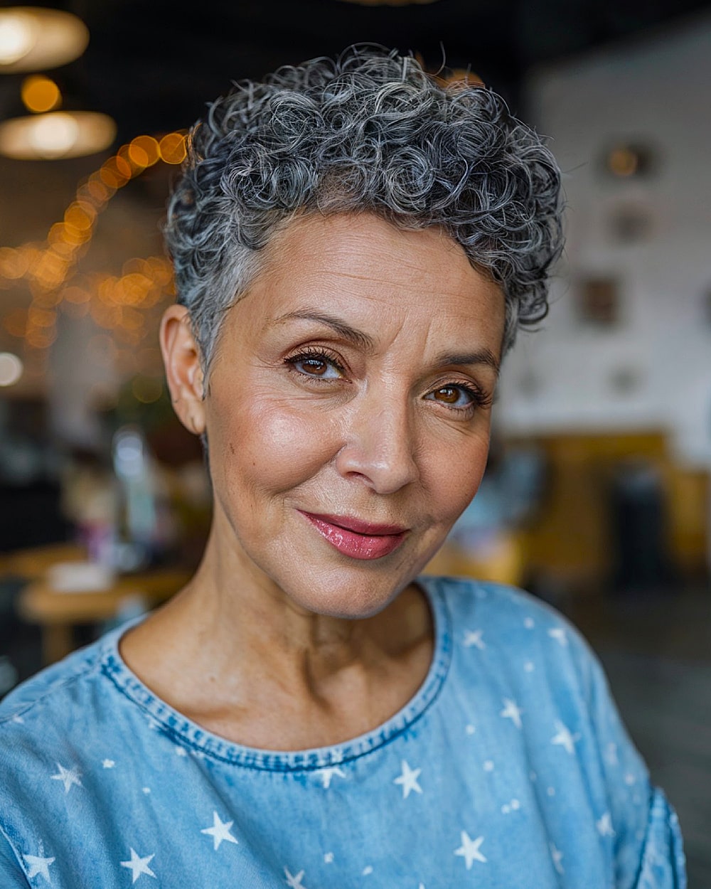 Short curly haircut for older women with natural gray curls and tapered sides