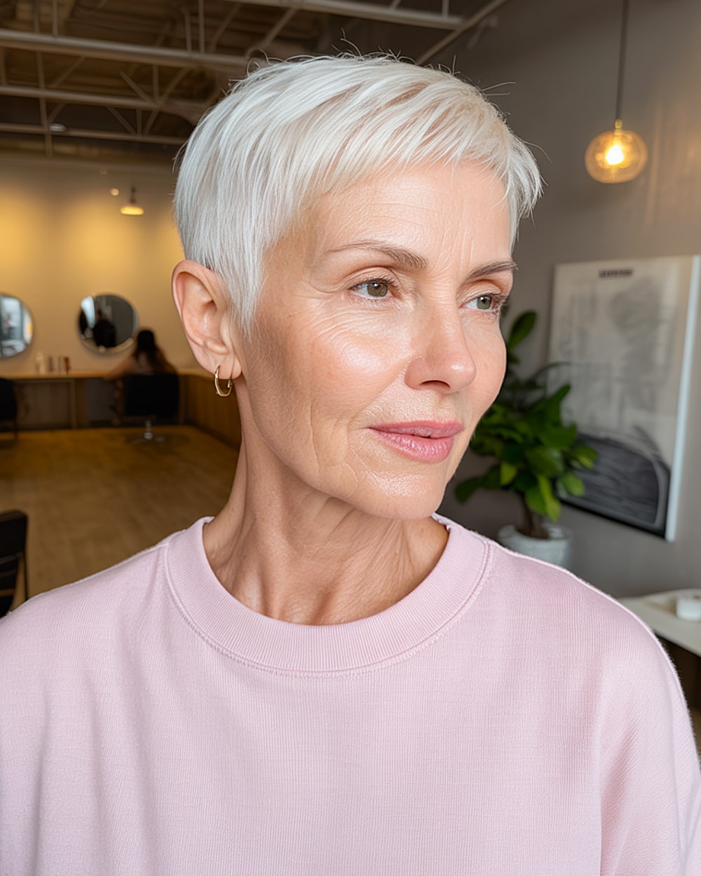 Ice blonde pixie for women over 60 with soft straight hair and cropped sides